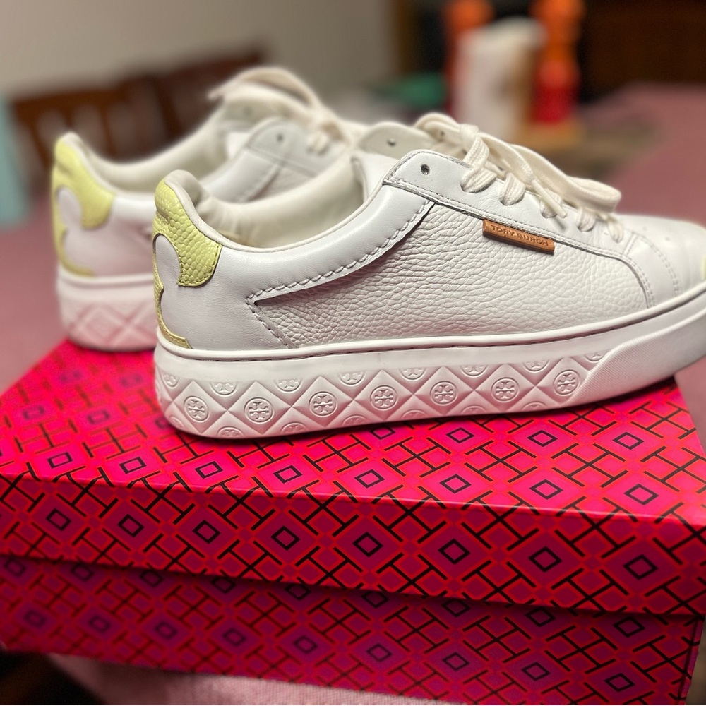 Tory Burch White Leather Low-Top Sneakers with Yellow Accent